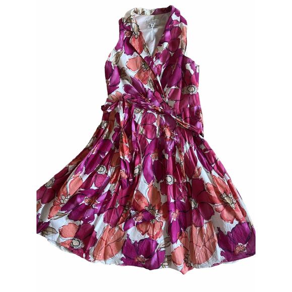 Kasper Pink Floral Dress Womens 14 Sleeveless Belted Fit & Flare Midi V-Neck - Picture 2 of 7